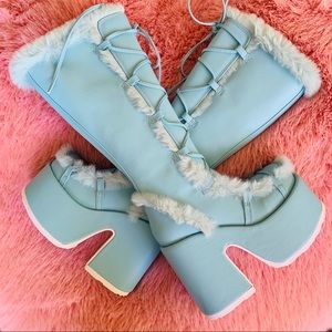 New Demonia x Dolls Kill Baby Blue Faux Fur Boots